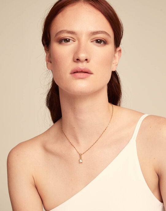 Short chain necklace with white cubic zirconia, Golden, large