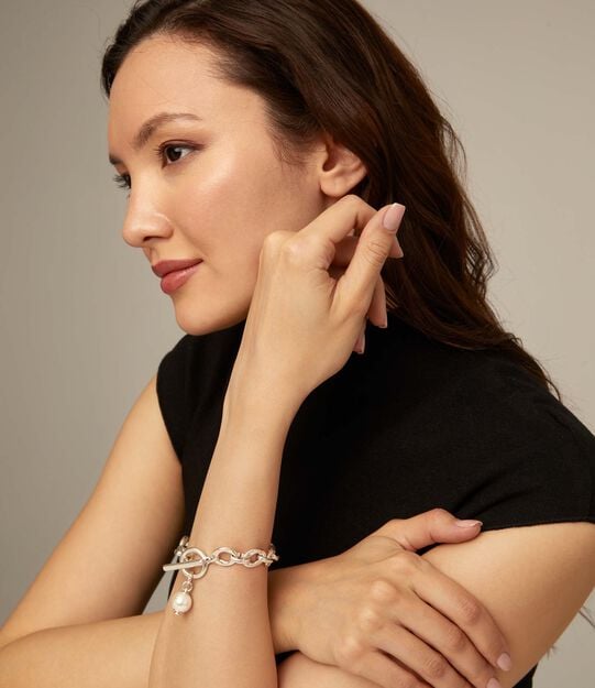 Large link chain bracelet with a pearl, Silver, large