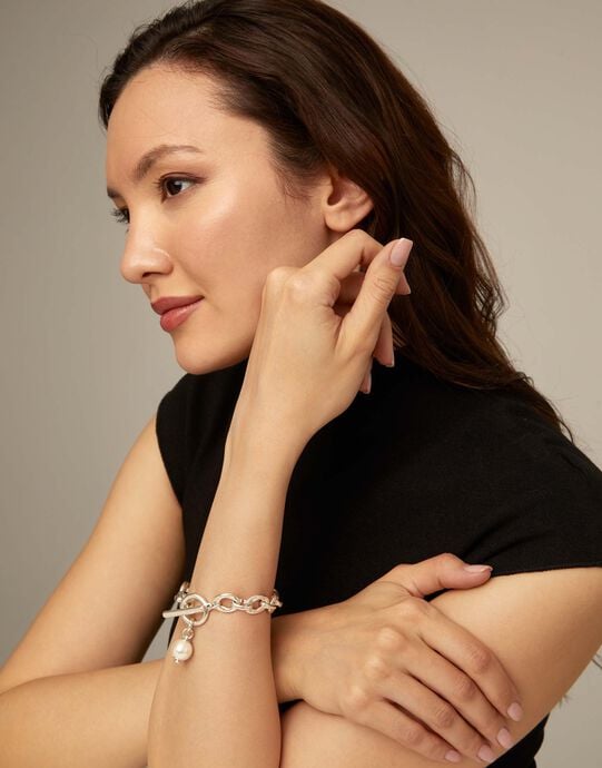 Large link chain bracelet with a pearl, Silver, large