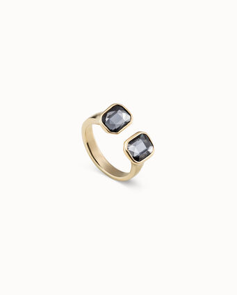 18K gold-plated open ring with 2 dark gray crystals