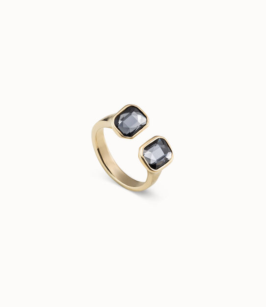18K gold-plated open ring with 2 dark gray crystals