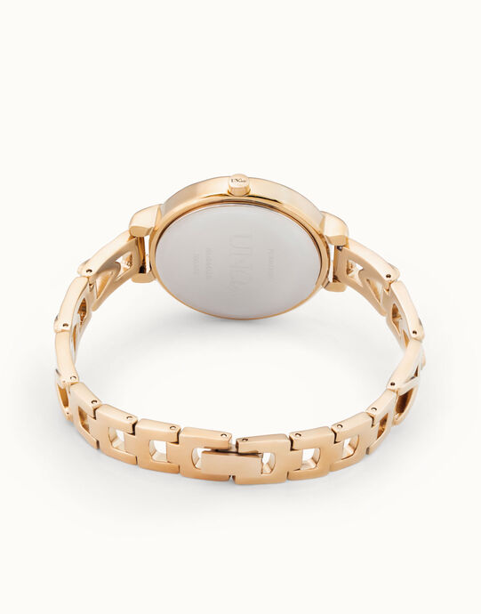 Armbanduhr, 18 Karat vergoldet, mit Metallarmband und wei&szlig;em Zifferblatt, Gold, large
