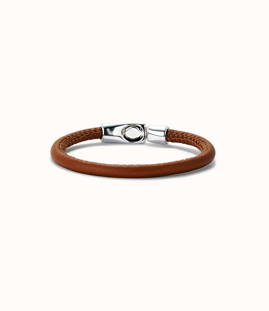 Bracelet en cuir couleur chameau plaqué argent