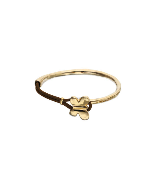 Pulsera combinada en cuero marr&oacute;n y oro 18k con adorno de mariposa