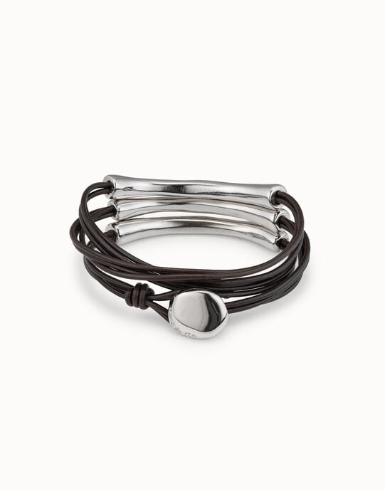 Dreifach gewickeltes Armband aus braunem Leder mit Details aus 925er Sterlingsilber, Silber, large
