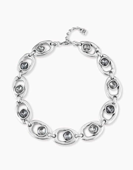 Short oval link chain necklace with crystal, Silver, large