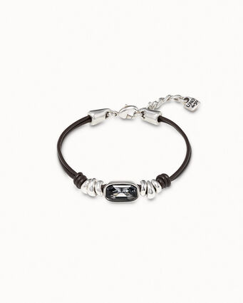 Sterling silver-plated bracelet with 2 strips and gray crystal with carabiner clasp