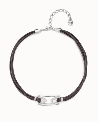 Short leather necklace with sterling silver-plated central link and topaz