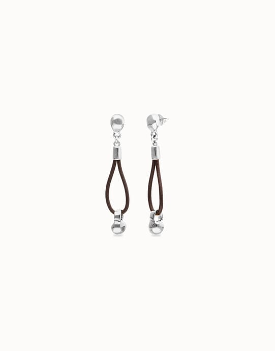 Pendientes de cuero largo con detalle de esfera ba&ntilde;ado en plata de ley