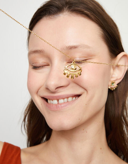 Short pendant chain necklace with small eye, Golden, large