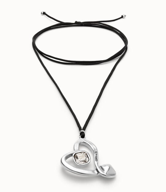 Long pendant and central heart with transparent crystal, Silver, large