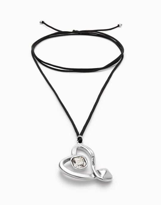 Long pendant and central heart with transparent crystal, Silver, large