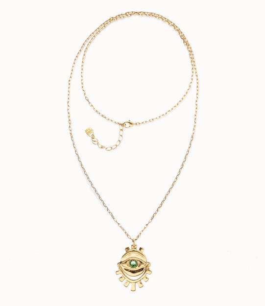 Collier long plaqué or 18 carats avec détail d’un œil et cristal à facettes vert