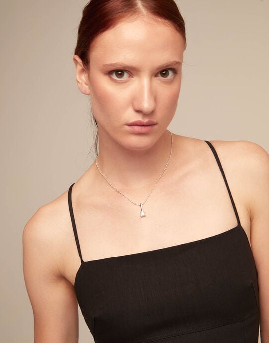 Short chain necklace with white cubic zirconia, Silver, large