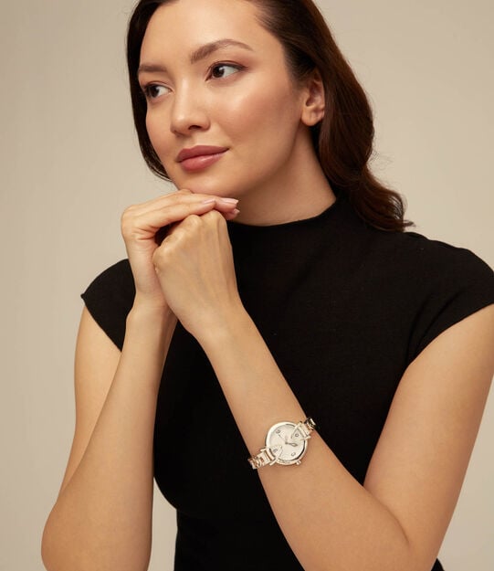 Sterling silver-plated watch with metal strap and round white dial, Silver, large