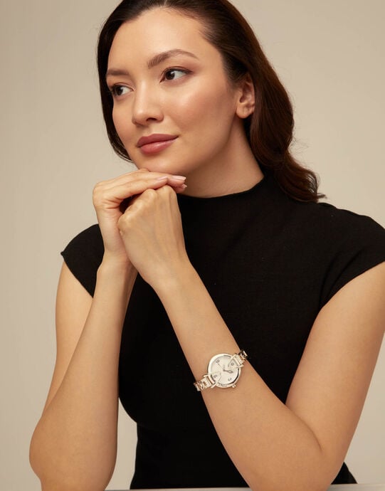 Sterling silver-plated watch with metal strap and round white dial, Silver, large