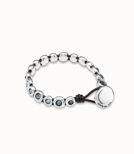 Pulsera de cuero marr&oacute;n ba&ntilde;ada en plata de ley y cristales azules, , large