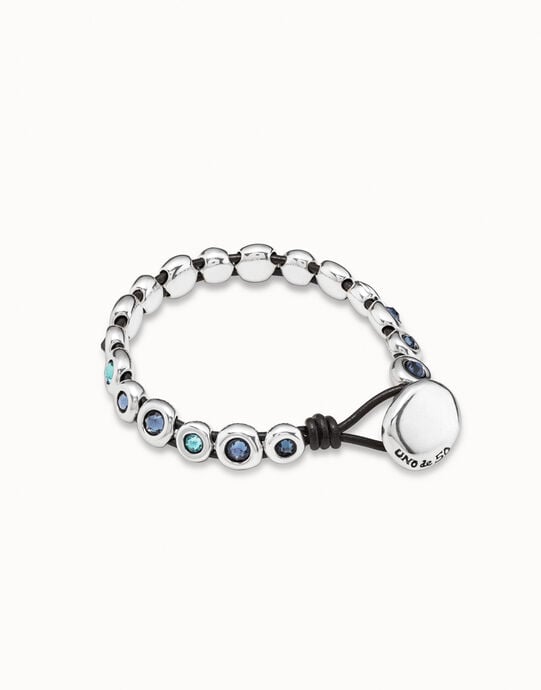 Pulsera de cuero marr&oacute;n ba&ntilde;ada en plata de ley y cristales azules, , large