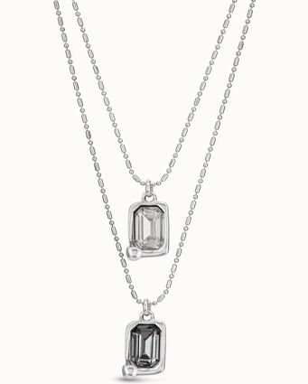 Sterling silver-plated necklace with 2 thin chains and 2 central charms with light gray and greenish gray crystal