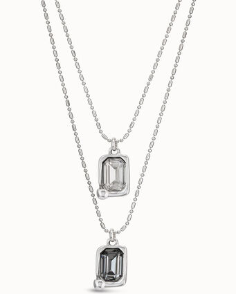 Collier plaqué argent 2 chaînes fines et 2 charmes centraux avec cristal gris clair et gris verdâtre