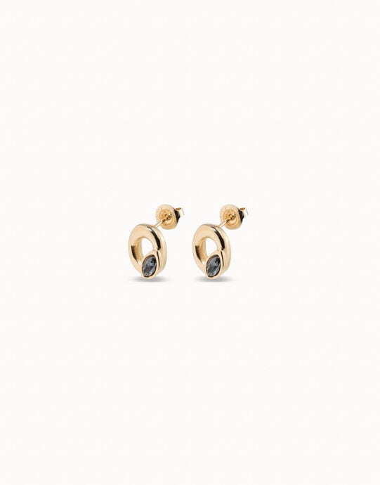 Stud oval earrings with light grey crystal, Golden, large