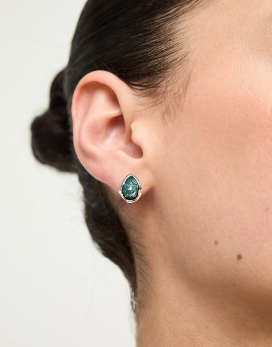 Earrings with a green drop-shaped faceted crystal, Silver, large