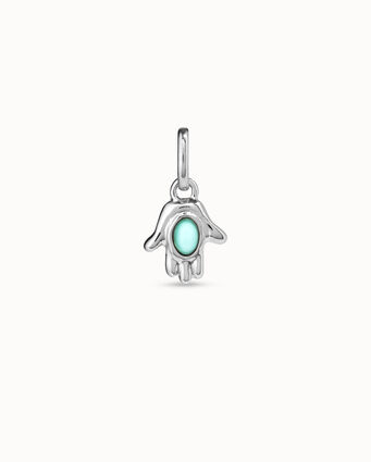 Sterling silver-plated hand shaped charm with turquoise murano glass in the middle