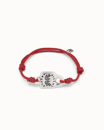 Bracelet cordon rouge avec cadenas plaqué argent. Logo silent angels de rett.