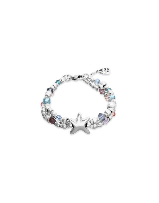 Pulsera el&aacute;stica ba&ntilde;ada en plata con cristales facetados y estrella de mar