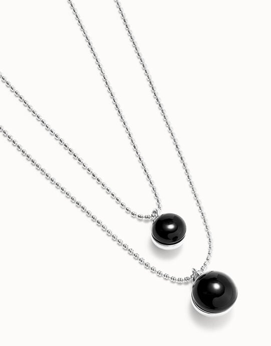 Multi-layer pendant link necklace with black murano glass
