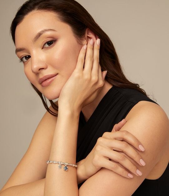 Beaded stretch bracelet with blue crystal, Silver, large