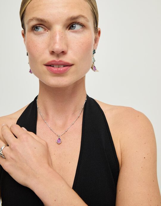 Necklace with a pink drop-shaped faceted crystal, Silver, large