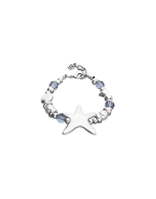 Pulsera el&aacute;stica ba&ntilde;ada en plata con cristales azules y estrella de mar