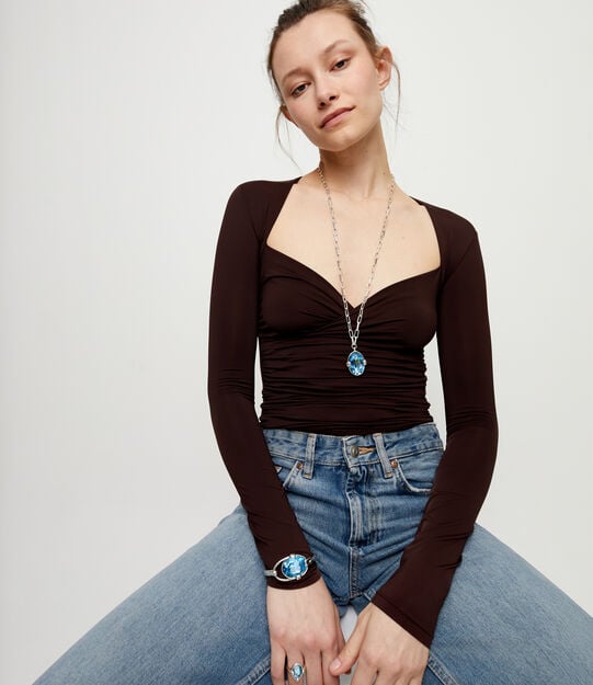 Long necklace with large blue oval faceted crystal, Silver, large