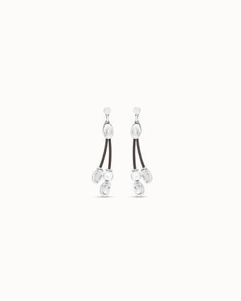 Sterling silver-plated cascade earrings with 2 leather straps, oval links and pearl