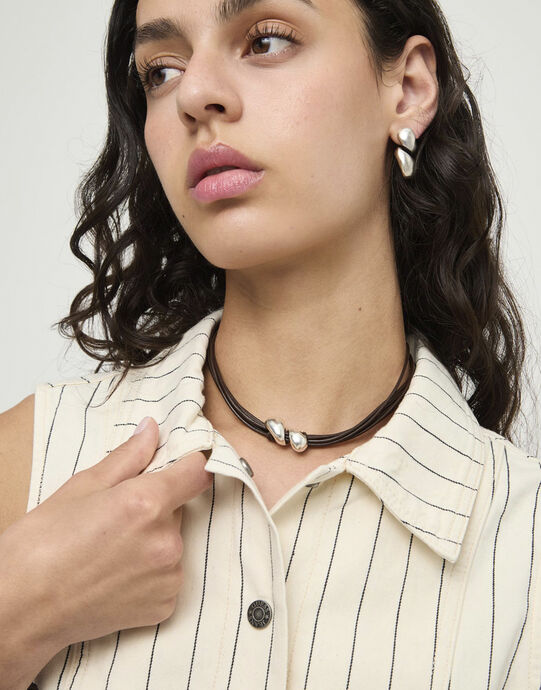 Short leather necklace with two drops, Silver, large