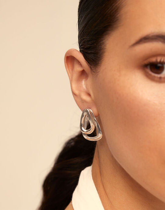 Boucles d&rsquo;oreilles plaqu&eacute;es argent avec 2 maillons superpos&eacute;s, Argent, large