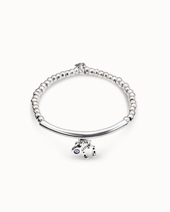 Pulsera elástica bañada en plata de ley con túbulo y charm con cristal verde y herradura