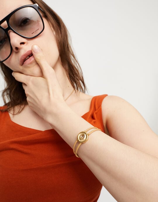 Double cream leather birthstone bracelet with eye, Golden, large