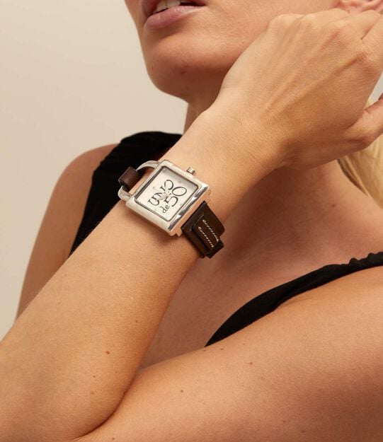 Sterling silver-plated leather and metal watch for women, Silver, large