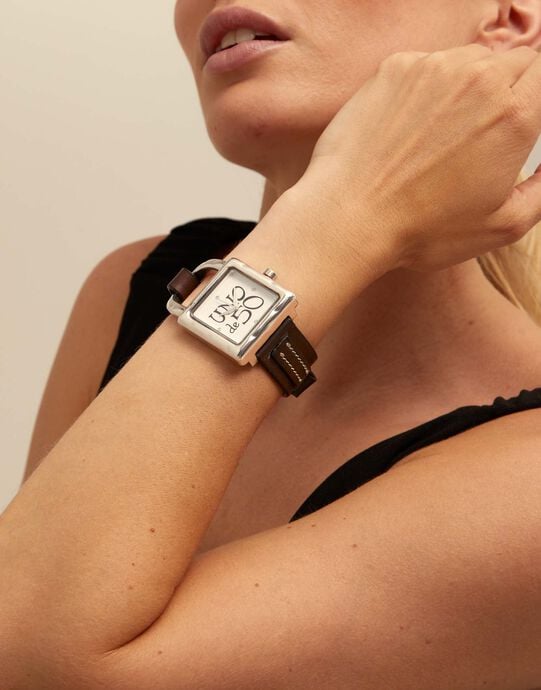 Watch with leather strap, Silver, large