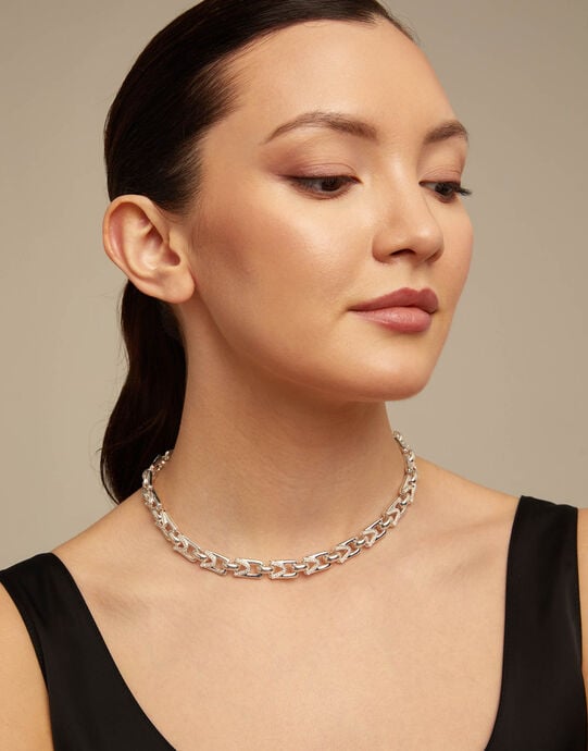 Rectangular links chain necklace, Silver, large