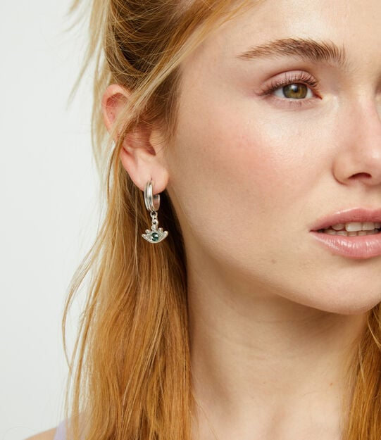 Pendientes de aro bañados en plata de ley con forma ojo y cristal facetado verde