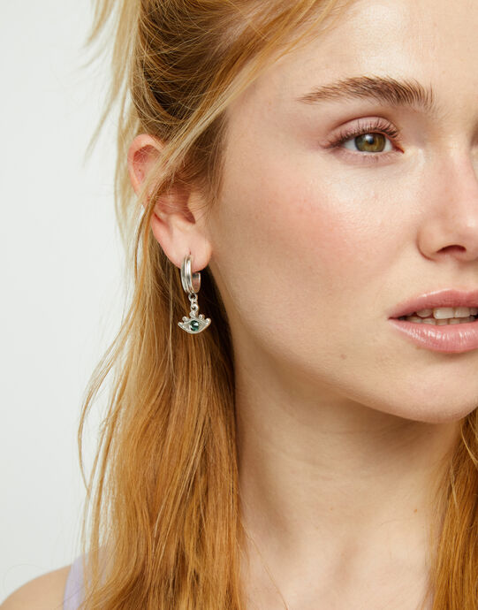 Eye-shaped drop earrings with verde crystal, Silver, large