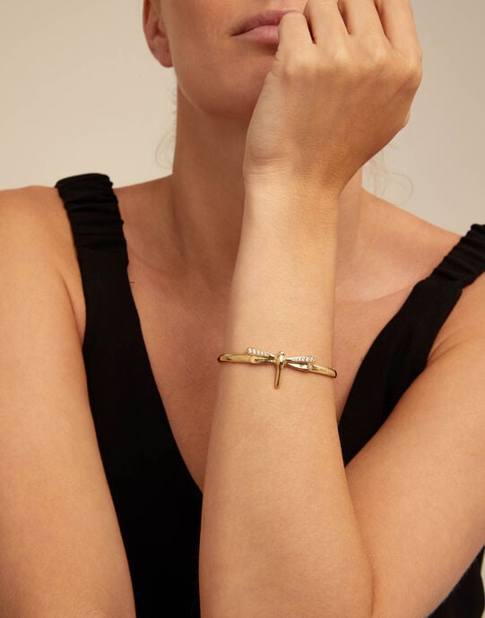 Dragonfly shaped cuff bracelet with topaz, Golden, large