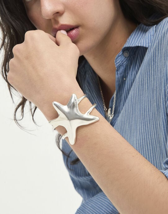 Pulsera r&iacute;gida doble ba&ntilde;ada en plata estrella de mar, Plateado, large