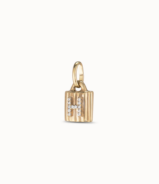 18K gold-plated padlock charm with topaz letter H, Golden, large