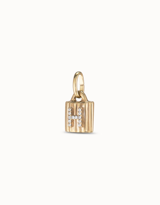 Charm candado ba&ntilde;ado en oro de 18K ley con letra de topacios H, Dorado, large
