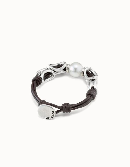 Pulsera de cuero marr&oacute;n con perla central, , large