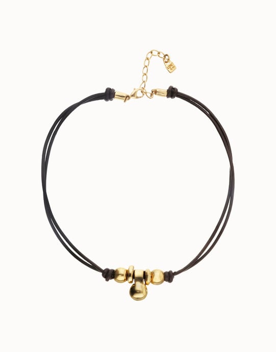 Collar de cuero con tres esferas ba&ntilde;adas en oro 18k